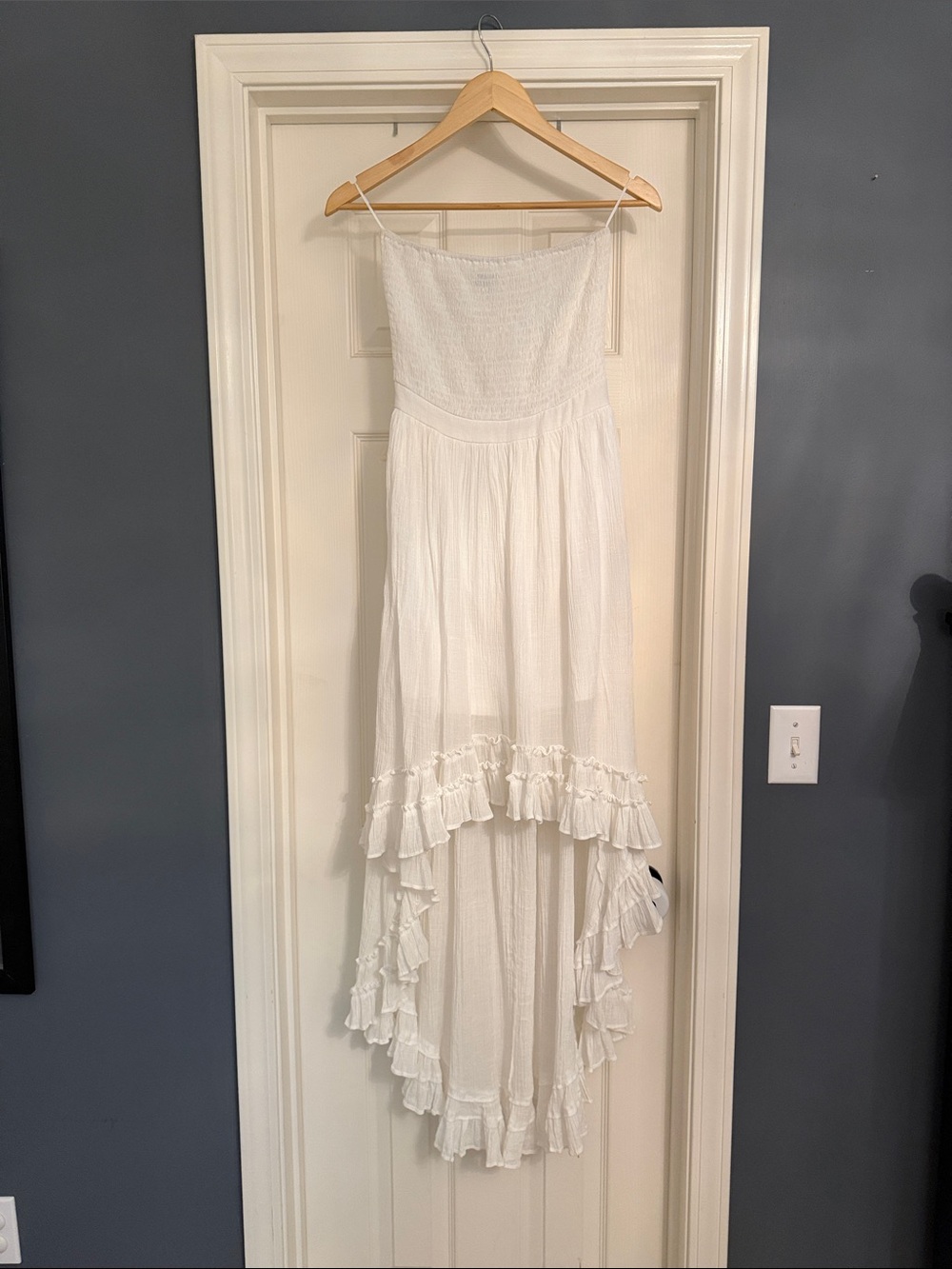 White Strapless Smocked High-Low Ruffle Boho Bridal Dress